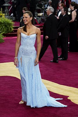 Jennifer Garner arrived at the 75th Academy Awards wearing this simple pale-blue chiffon and lace Versace gown, with diamond jewelry by Neil Lane. Photo by CRAIG SJODIN/ABC/Entertainment Pictures.