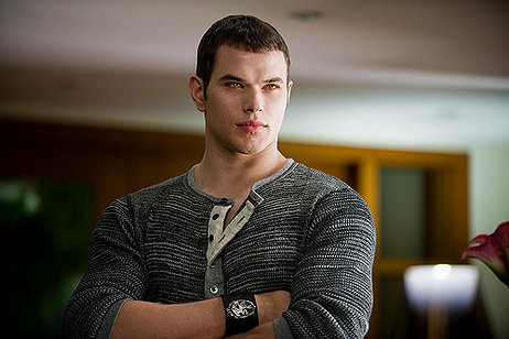 Kellan Lutz plays the hunky and super-strong Emmett Cullen in the Twilight series of movies. Like his adopted brother Edward, he’s a “vegetarian” vampire (drinks animal blood instead of human) but had a more difficult time converting, with a few slip ups along the way.