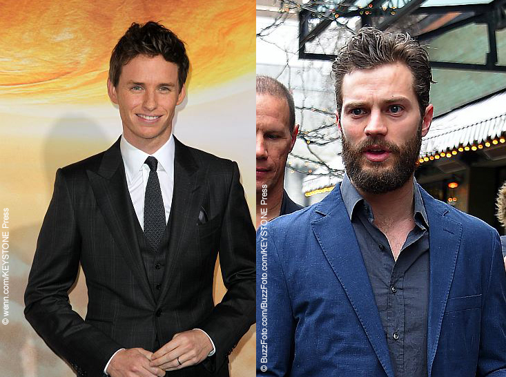 It may be the facial hair, but Fifty Shades of Grey star Jamie Dornan (May 1, 1982) looks like the legal 32-year-old he is compared to the smoothly-shaven Eddie Redmayne (January 6, 1982). Which look do you prefer?