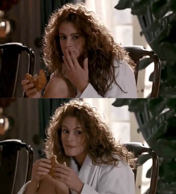 Julia Roberts is hungrily enjoying a croissant in a pivotal scene during 1990’s Pretty Woman, yet in the next scene? She’s eating a pancake…. Oops!