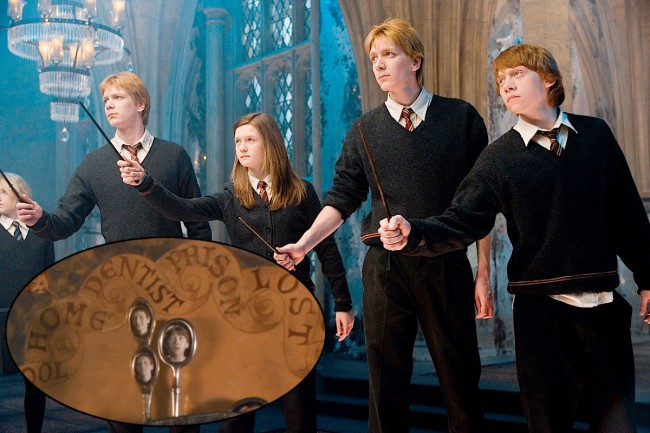 The hands on the Weasley family clock were actually scissors with photos of the respective actors stuck into their handles. Oh, the magic of movie making!