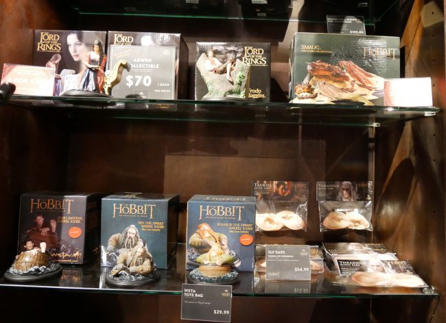 Visitors have a wide range of collectibles and souvenirs to choose from. Although WETA has worked on numerous movies, most of the merchandise is from The Lord of the Rings and The Hobbit trilogies. Here you’ll see figures of Frodo, Arwen, Bilbo Baggins, dwarves Oin and Bombur, and a selection of Elven ears.