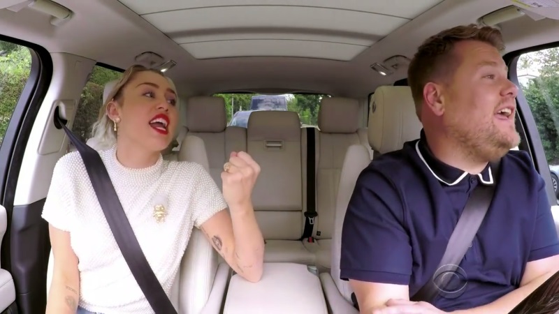 Miley Cyrus singing with James Corden on Carpool Karaoke