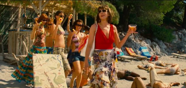 Tanya, played brilliantly by Christine Baranski, danced in a red ensemble to “Does Your Mother Know” with a crew of young lads on the beach.