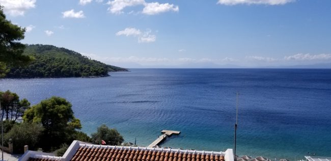 This is a stunning view from the Adrina Beach Hotel. You can see the glistening turquoise waters along the coast. The beauty of the Greek island of Skopelos is the reason why this was the perfect filming location for the Mamma Mia! movie.