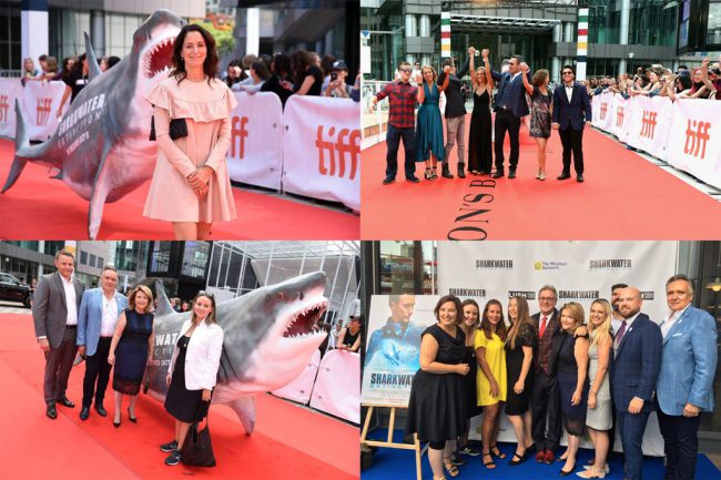 Chantal Kreviazuk, above left, performed “Child of the Water,” the beautiful song she wrote and recorded for Rob at the Sharkwater Extinction premiere at the 2018 Toronto International Film Festival. Rob’s parents Brian and Sandy Stewart with son-in-law Roger and daughter Alexandra below left, Team Sharkwater top right and afterparty below right. 