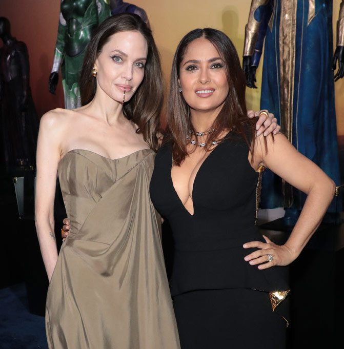 Angelina Jolie and Salma Hayek at the premiere of Eternals in Los Angles. Photo by Alex J. Berliner/ABImages for Disney