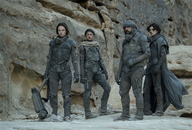 Timothée Chalamet, Zendaya, Javier Bardem, and Rebecca Ferguson in Dune.