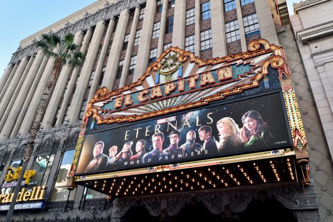 The marquee is seen at the premiere of Marvel Studios’ Eternals on October 18, 2021 in Hollywood, California. (Photo by Alberto E. Rodriguez/Getty Images for Disney)