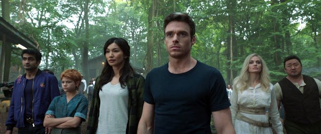 Kingo (Kumail Nanjiani), Sprite (Lia McHugh), Sersi (Gemma Chan), Ikaris (Richard Madden), Thena (Angelina Jolie), and Gilgamesh (Don Lee) in Eternals.