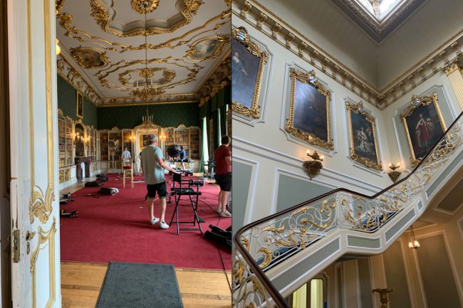 When filming was complete, the crew began to pack up their equipment (left), and we were allowed a quick glimpse at the main floor of the home and its beautiful staircases (right). Downton Abbey: A New Era debuts on DVD and Blu-ray on August 9, 2022.