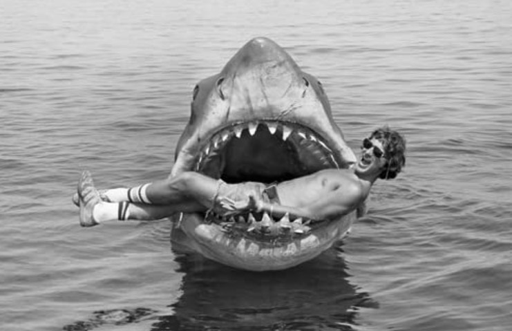 Steven Spielberg joking around during the filming of Jaws