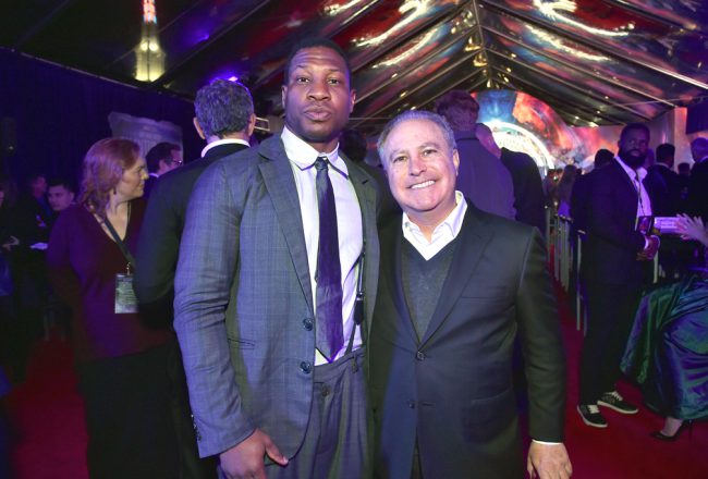 Jonathan Majors, who plays the frightening Kang The Conqueror, who’s desperate to get out of Quantumania in the film, poses with Disney Studios Content Chairman Alan Bergman. 