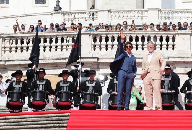 Top Secret Drum Corps, Tom Cruise and Christopher McQuarrie on The Spanish Steps in Rome, Italy. Photo by Stefania M. D’Alessandro/Getty Images for Paramount Pictures