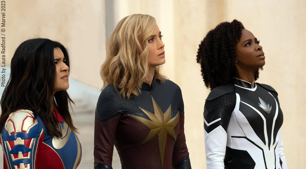 Iman Vellani, Brie Larson and Teyonah Parris in The Marvels